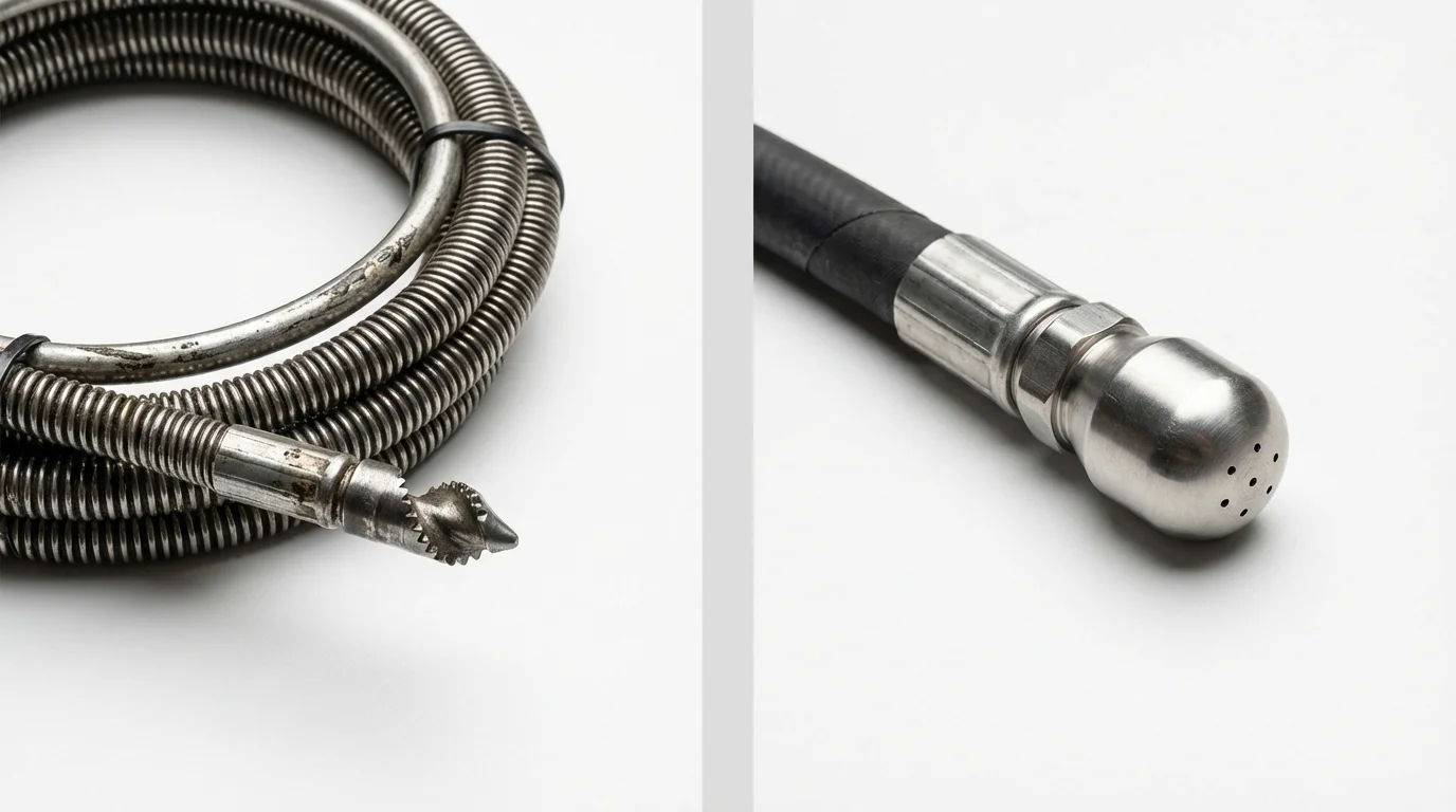 Drain snake cable and hydro jetting nozzle used for drain cleaning in Oakland, CA
