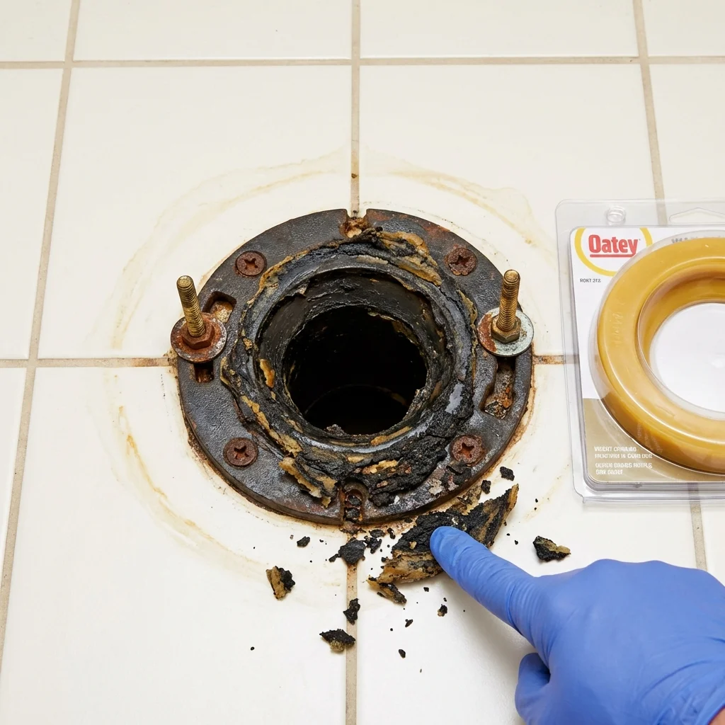 Failed wax ring showing water seepage at the base of a toilet in a Oakland, CA home